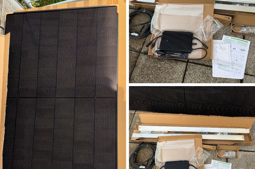 Lieferung des Balkonstrom Balcony Basic 900W Sets - Module, Halterung, Kabel und Wechselrichter sicher verpackt.